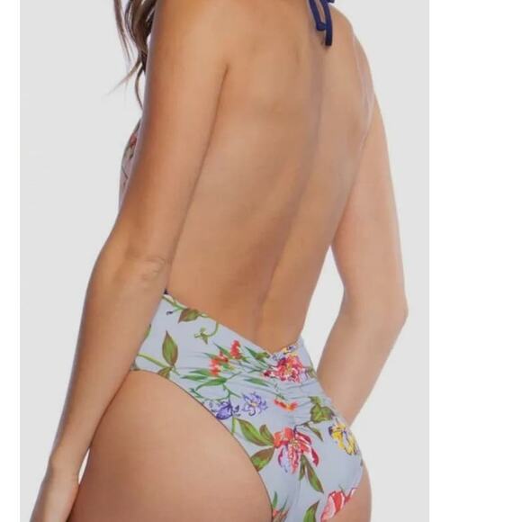 New Bikini Lab Women's plunge halter one piece swimwear pink/blue/floral XL - Picture 2 of 6
